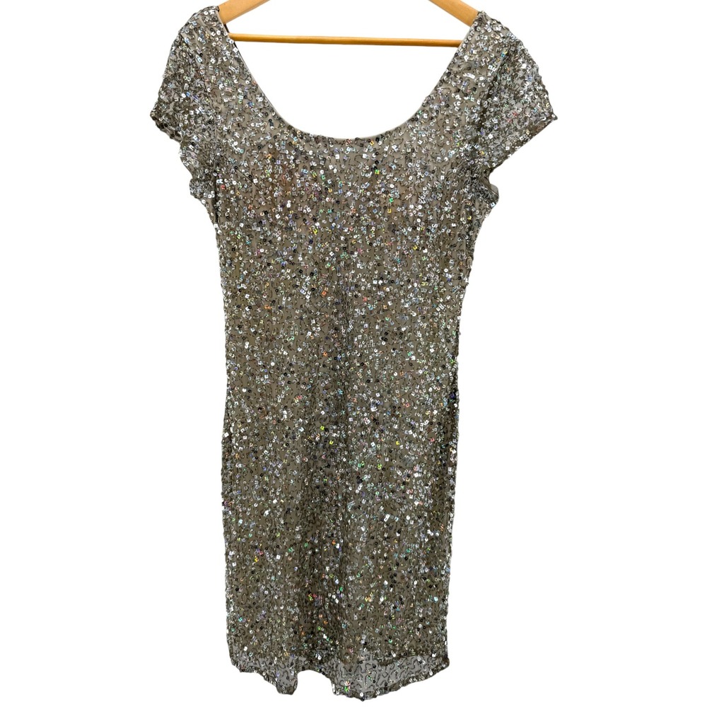 Boston Proper Holographic Sequin Shift Dress Scoop Back Shimmer Cap Sleeve 14